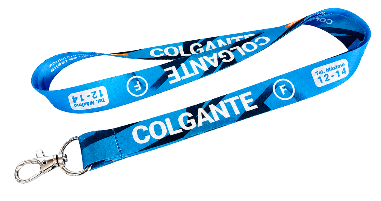 Llavero colgante personalizado azul con cinta de raso sublimada