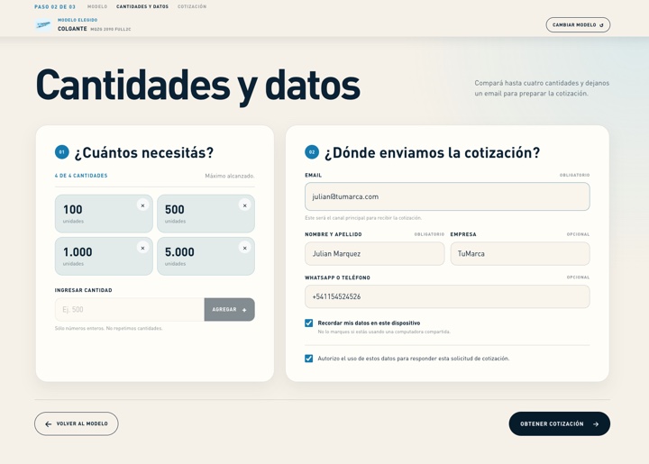Selección de cantidades y carga de datos en el cotizador web
